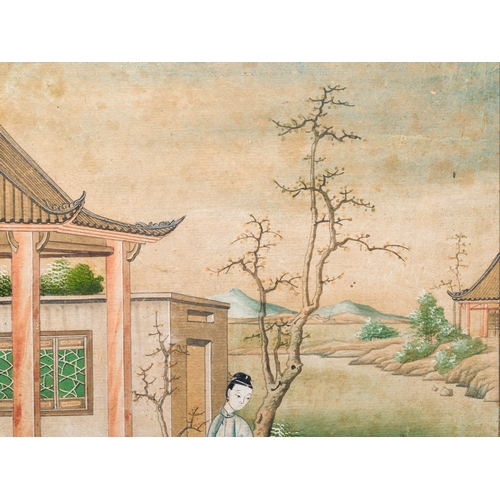 371 - Canton school, China: 'Musicians in a garden' and 'Feeding the pheasant', ink and colours on paper, ... 