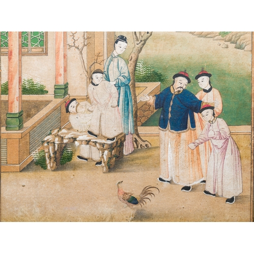 371 - Canton school, China: 'Musicians in a garden' and 'Feeding the pheasant', ink and colours on paper, ... 