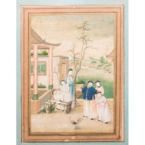 371 - Canton school, China: 'Musicians in a garden' and 'Feeding the pheasant', ink and colours on paper, ... 