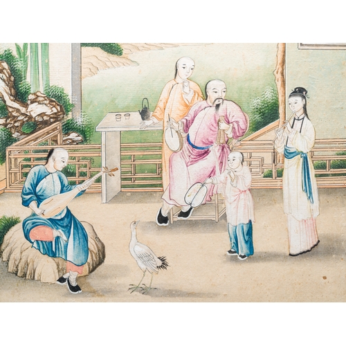 371 - Canton school, China: 'Musicians in a garden' and 'Feeding the pheasant', ink and colours on paper, ... 