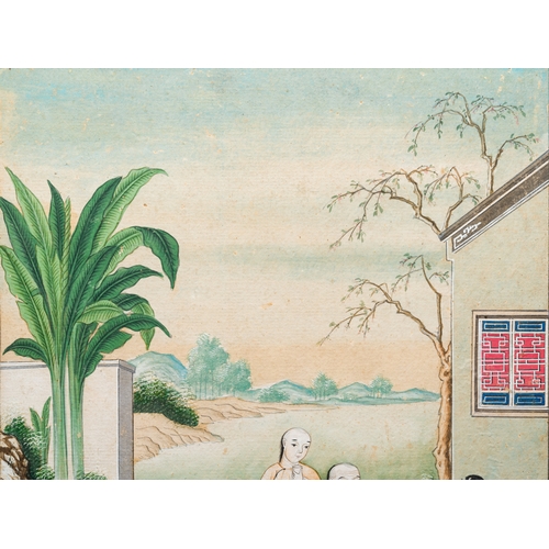 371 - Canton school, China: 'Musicians in a garden' and 'Feeding the pheasant', ink and colours on paper, ... 