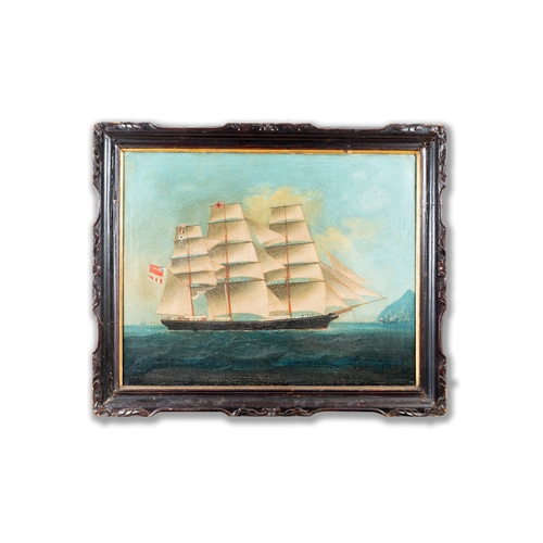 372 - Canton school, China: 'A British merchant vessel at sea', oil on canvas in original Chippendale-styl... 