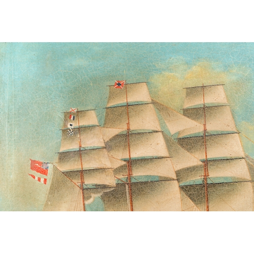 372 - Canton school, China: 'A British merchant vessel at sea', oil on canvas in original Chippendale-styl... 