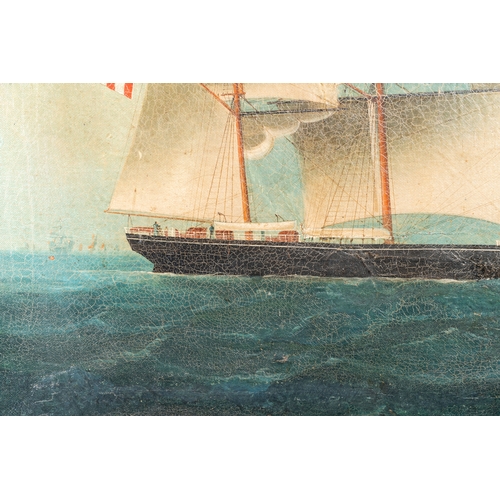 372 - Canton school, China: 'A British merchant vessel at sea', oil on canvas in original Chippendale-styl... 