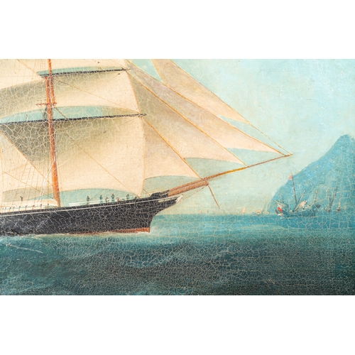 372 - Canton school, China: 'A British merchant vessel at sea', oil on canvas in original Chippendale-styl... 