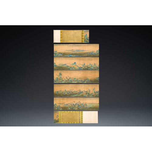 374 - Chinese school: 'Mountainous landscape', ink and colours on silk, QingDescription:Dim.: 1004 x 39 cm... 