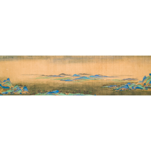 374 - Chinese school: 'Mountainous landscape', ink and colours on silk, QingDescription:Dim.: 1004 x 39 cm... 