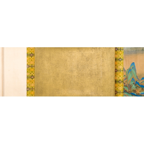 374 - Chinese school: 'Mountainous landscape', ink and colours on silk, QingDescription:Dim.: 1004 x 39 cm... 