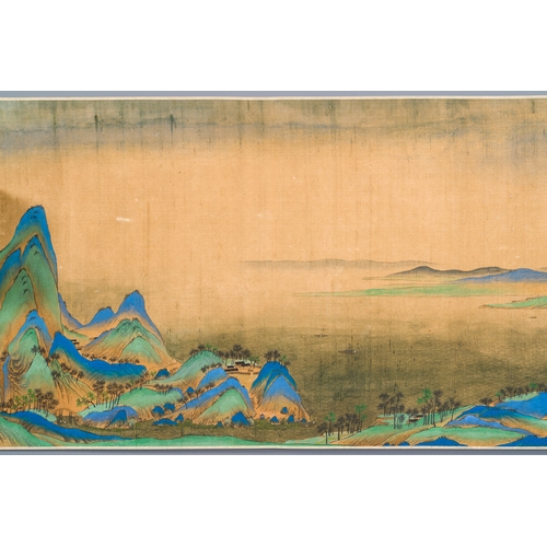 374 - Chinese school: 'Mountainous landscape', ink and colours on silk, QingDescription:Dim.: 1004 x 39 cm... 