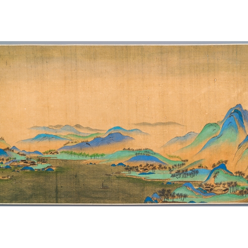 374 - Chinese school: 'Mountainous landscape', ink and colours on silk, QingDescription:Dim.: 1004 x 39 cm... 