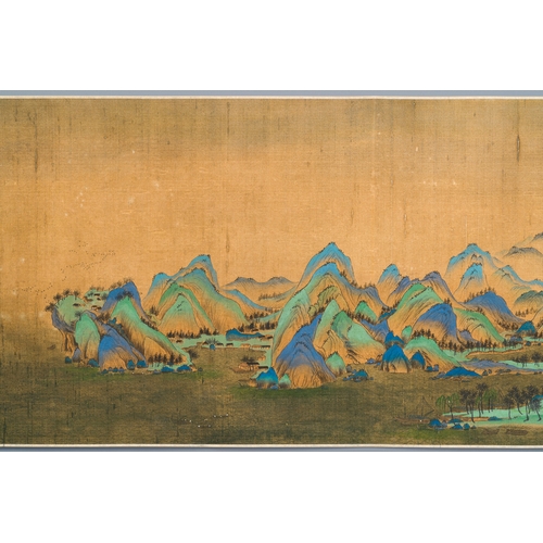 374 - Chinese school: 'Mountainous landscape', ink and colours on silk, QingDescription:Dim.: 1004 x 39 cm... 