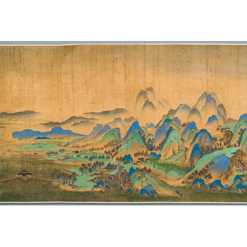 374 - Chinese school: 'Mountainous landscape', ink and colours on silk, QingDescription:Dim.: 1004 x 39 cm... 