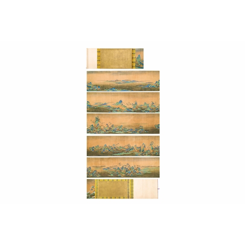 374 - Chinese school: 'Mountainous landscape', ink and colours on silk, QingDescription:Dim.: 1004 x 39 cm... 