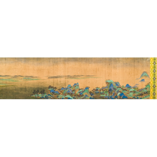 374 - Chinese school: 'Mountainous landscape', ink and colours on silk, QingDescription:Dim.: 1004 x 39 cm... 