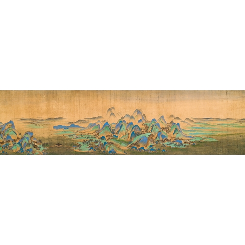 374 - Chinese school: 'Mountainous landscape', ink and colours on silk, QingDescription:Dim.: 1004 x 39 cm... 