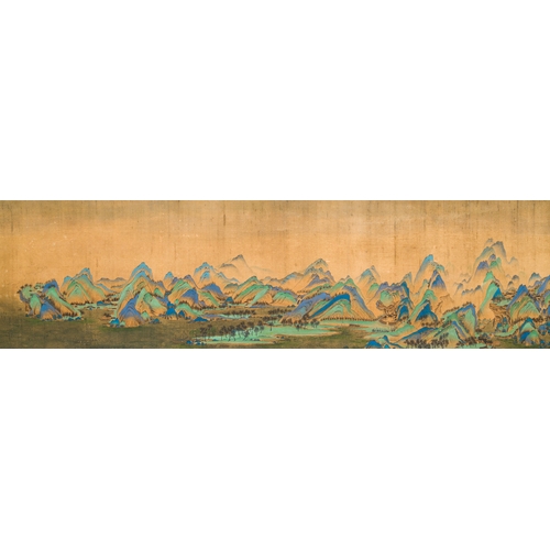 374 - Chinese school: 'Mountainous landscape', ink and colours on silk, QingDescription:Dim.: 1004 x 39 cm... 