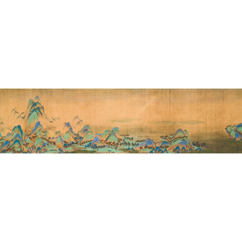 374 - Chinese school: 'Mountainous landscape', ink and colours on silk, QingDescription:Dim.: 1004 x 39 cm... 