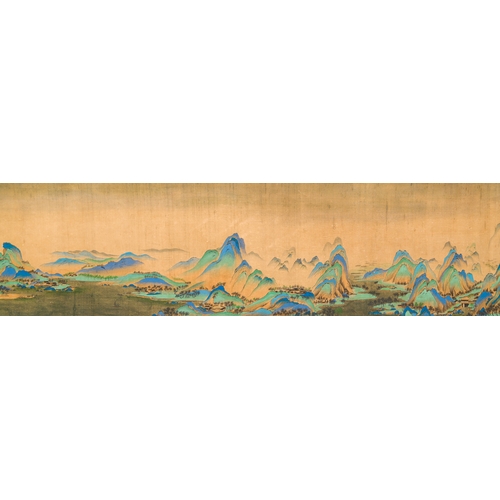 374 - Chinese school: 'Mountainous landscape', ink and colours on silk, QingDescription:Dim.: 1004 x 39 cm... 