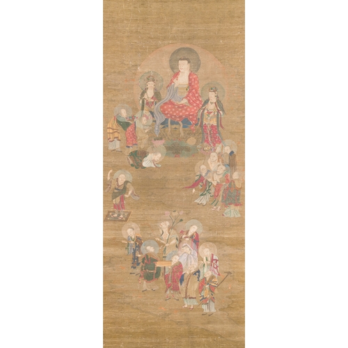 377 - Chinese school: 'Buddha surrounded by Luohans', ink and colours on silk, 18th C.Description:Dim.: 23... 