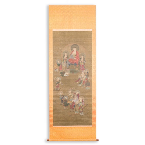 377 - Chinese school: 'Buddha surrounded by Luohans', ink and colours on silk, 18th C.Description:Dim.: 23... 