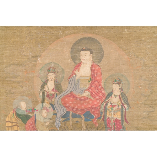 377 - Chinese school: 'Buddha surrounded by Luohans', ink and colours on silk, 18th C.Description:Dim.: 23... 