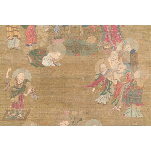 377 - Chinese school: 'Buddha surrounded by Luohans', ink and colours on silk, 18th C.Description:Dim.: 23... 