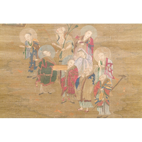 377 - Chinese school: 'Buddha surrounded by Luohans', ink and colours on silk, 18th C.Description:Dim.: 23... 