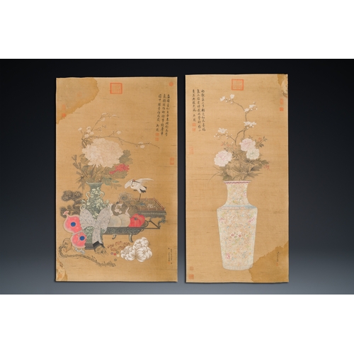 378 - Chinese school: 'Two antiquities', ink and colours on silk, Qianlong seal mark, 19th C.Description:D... 