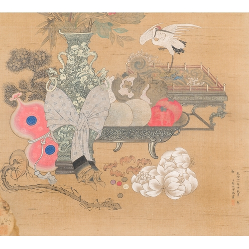 378 - Chinese school: 'Two antiquities', ink and colours on silk, Qianlong seal mark, 19th C.Description:D... 