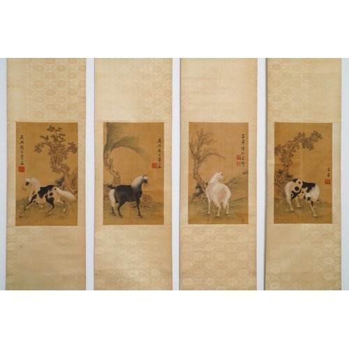 379 - Follower of Zhao Mengfu è¶å­é « (1254-1322): 'Four horses', ink and colours on silk, 19/20th C.Des... 