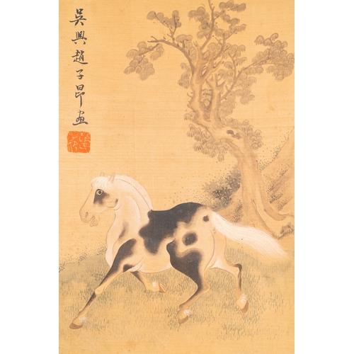 379 - Follower of Zhao Mengfu è¶å­é « (1254-1322): 'Four horses', ink and colours on silk, 19/20th C.Des... 