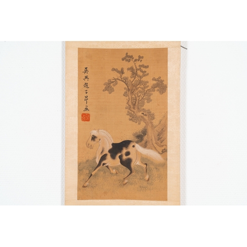 379 - Follower of Zhao Mengfu è¶å­é « (1254-1322): 'Four horses', ink and colours on silk, 19/20th C.Des... 