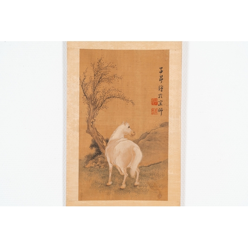 379 - Follower of Zhao Mengfu è¶å­é « (1254-1322): 'Four horses', ink and colours on silk, 19/20th C.Des... 