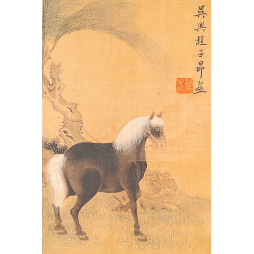 379 - Follower of Zhao Mengfu è¶å­é « (1254-1322): 'Four horses', ink and colours on silk, 19/20th C.Des... 