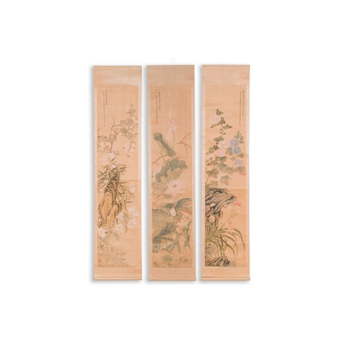 382 - Yu Li æé°( 1862-1922): Three scrolls with rocks and flowers, ink and colours on silk, dated 1906D... 