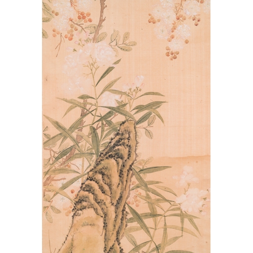 382 - Yu Li æé°( 1862-1922): Three scrolls with rocks and flowers, ink and colours on silk, dated 1906D... 