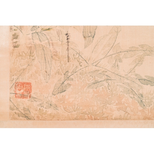 382 - Yu Li æé°( 1862-1922): Three scrolls with rocks and flowers, ink and colours on silk, dated 1906D... 