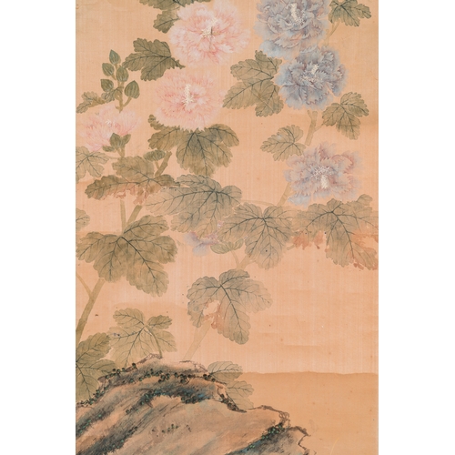 382 - Yu Li æé°( 1862-1922): Three scrolls with rocks and flowers, ink and colours on silk, dated 1906D... 