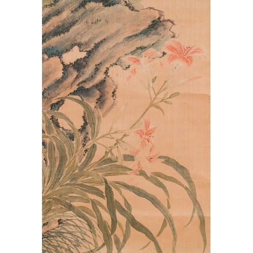 382 - Yu Li æé°( 1862-1922): Three scrolls with rocks and flowers, ink and colours on silk, dated 1906D... 