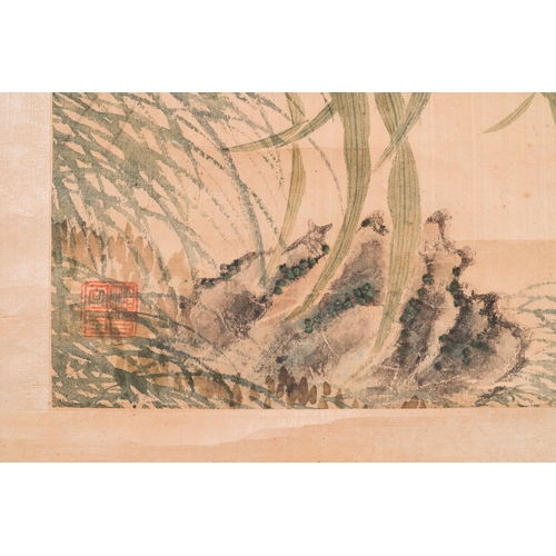 382 - Yu Li æé°( 1862-1922): Three scrolls with rocks and flowers, ink and colours on silk, dated 1906D... 