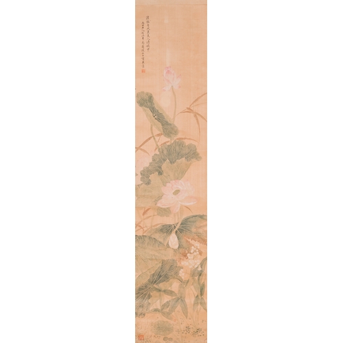 382 - Yu Li æé°( 1862-1922): Three scrolls with rocks and flowers, ink and colours on silk, dated 1906D... 