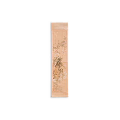 382 - Yu Li æé°( 1862-1922): Three scrolls with rocks and flowers, ink and colours on silk, dated 1906D... 