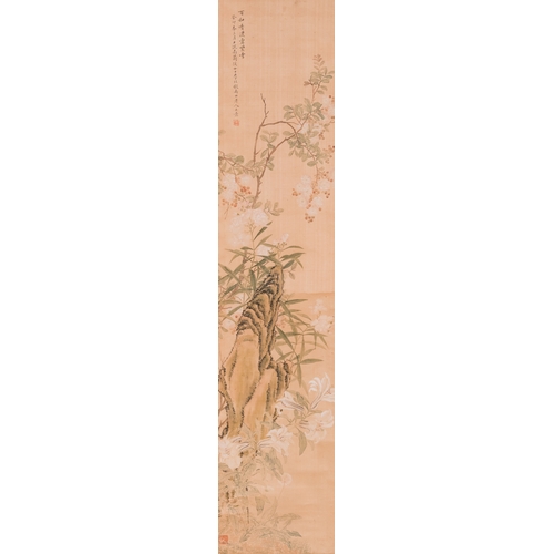 382 - Yu Li æé°( 1862-1922): Three scrolls with rocks and flowers, ink and colours on silk, dated 1906D... 