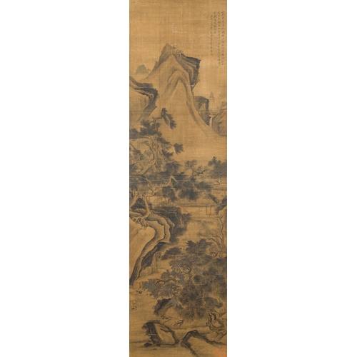 387 - Follower of Zhu Derun æ±å¾·æ½¤ (1294-1365): 'Mountainous landscape', ink on silk, dated 1364Descrip... 