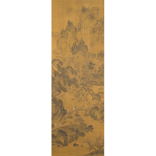 393 - Zhou Chen å¨è£ (1460-1535): 'Mountainous landscape', ink on silkDescription:Dim.: 263 x 77,5 cm (t... 