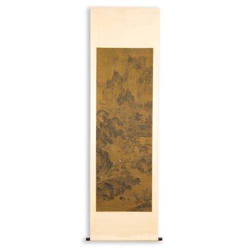 393 - Zhou Chen å¨è£ (1460-1535): 'Mountainous landscape', ink on silkDescription:Dim.: 263 x 77,5 cm (t... 