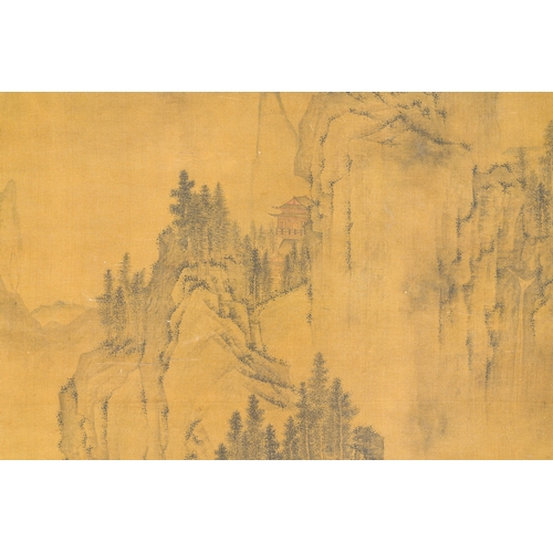 393 - Zhou Chen å¨è£ (1460-1535): 'Mountainous landscape', ink on silkDescription:Dim.: 263 x 77,5 cm (t... 