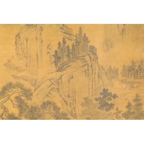 393 - Zhou Chen å¨è£ (1460-1535): 'Mountainous landscape', ink on silkDescription:Dim.: 263 x 77,5 cm (t... 