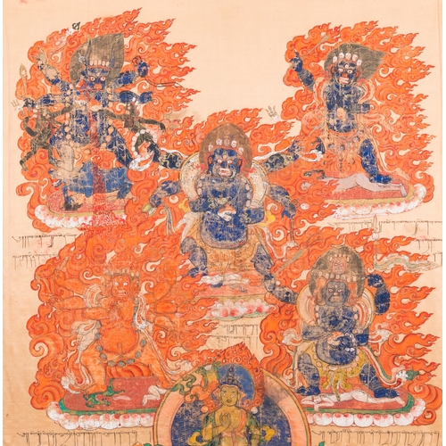 395 - A silk thangka depicting Mahakala, Tibet, 19th C.Description:Dim.: 79 x 78 cm (the frame)Dim.: 64,5 ... 