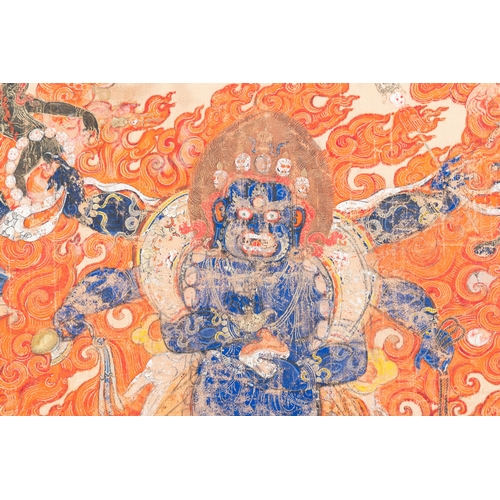 395 - A silk thangka depicting Mahakala, Tibet, 19th C.Description:Dim.: 79 x 78 cm (the frame)Dim.: 64,5 ... 